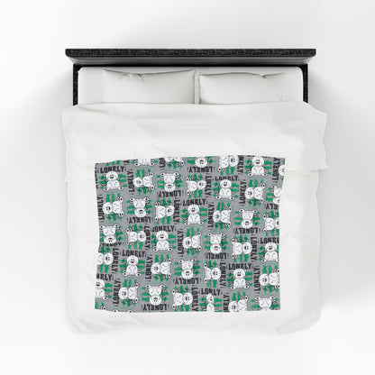 "Lonely" Teddy Bear Graphic Velveteen Plush Blanket – Soft Grey Throw for Home Decor – Introspective Streetwear Style