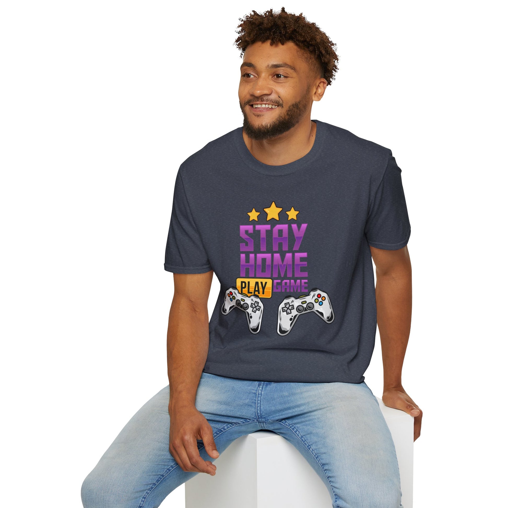 Stay Home Play Game Unisex Softstyle T-Shirt, Gamer Gift, Video Game Tee, Casual Wear, Birthday Present, Gaming Apparel