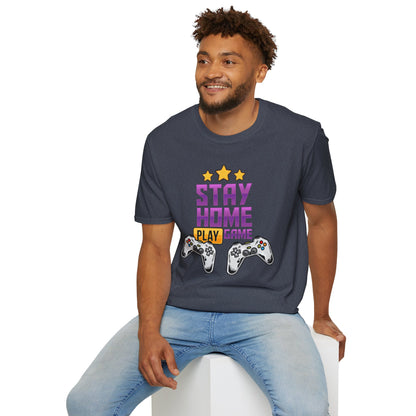 Stay Home Play Game Unisex Softstyle T-Shirt, Gamer Gift, Video Game Tee, Casual Wear, Birthday Present, Gaming Apparel