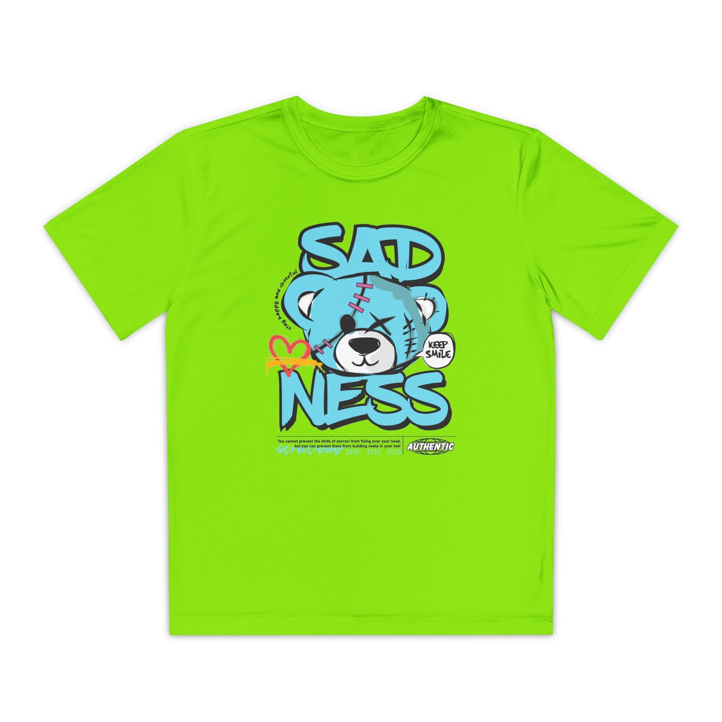 Youth Sadness Bear Tee - Unique Graphic T-Shirt for Kids, Casual Wear, Birthday Gift, Trendy Streetwear, Emotional Support Apparel Lime Shock