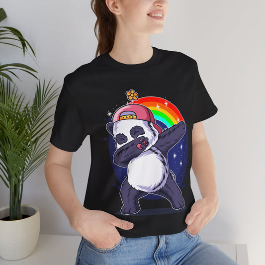 Playful Panda Tee - Unisex Jersey Short Sleeve T-Shirt, Cute Animal Shirt, Casual Everyday Wear, Gift for Panda Lovers, Fun Rainbow Design Black