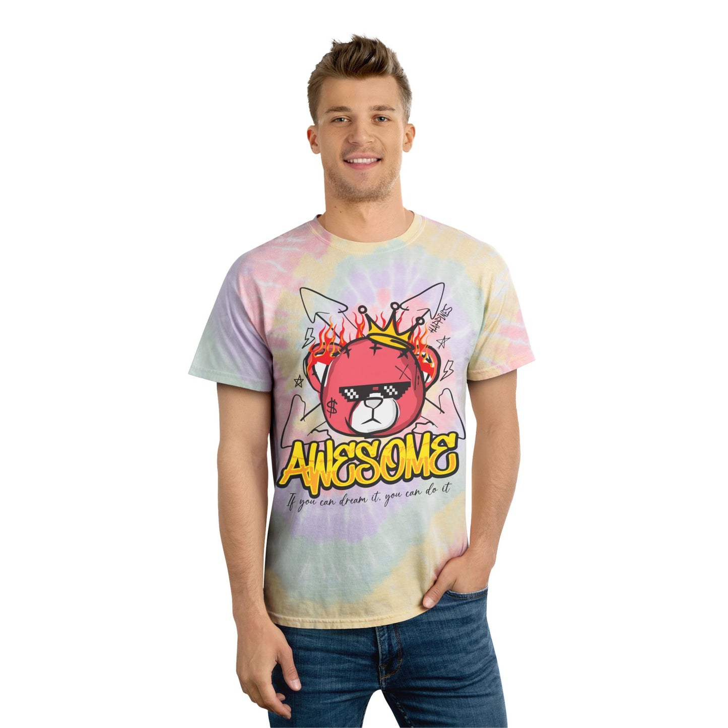 Unisex "Awesome" Tie Dye T-Shirt – Streetwear Graphic Tee with Flaming Crown Bear & Motivational Quote – Soft Cotton Pastel Shirt Hazy Rainbow