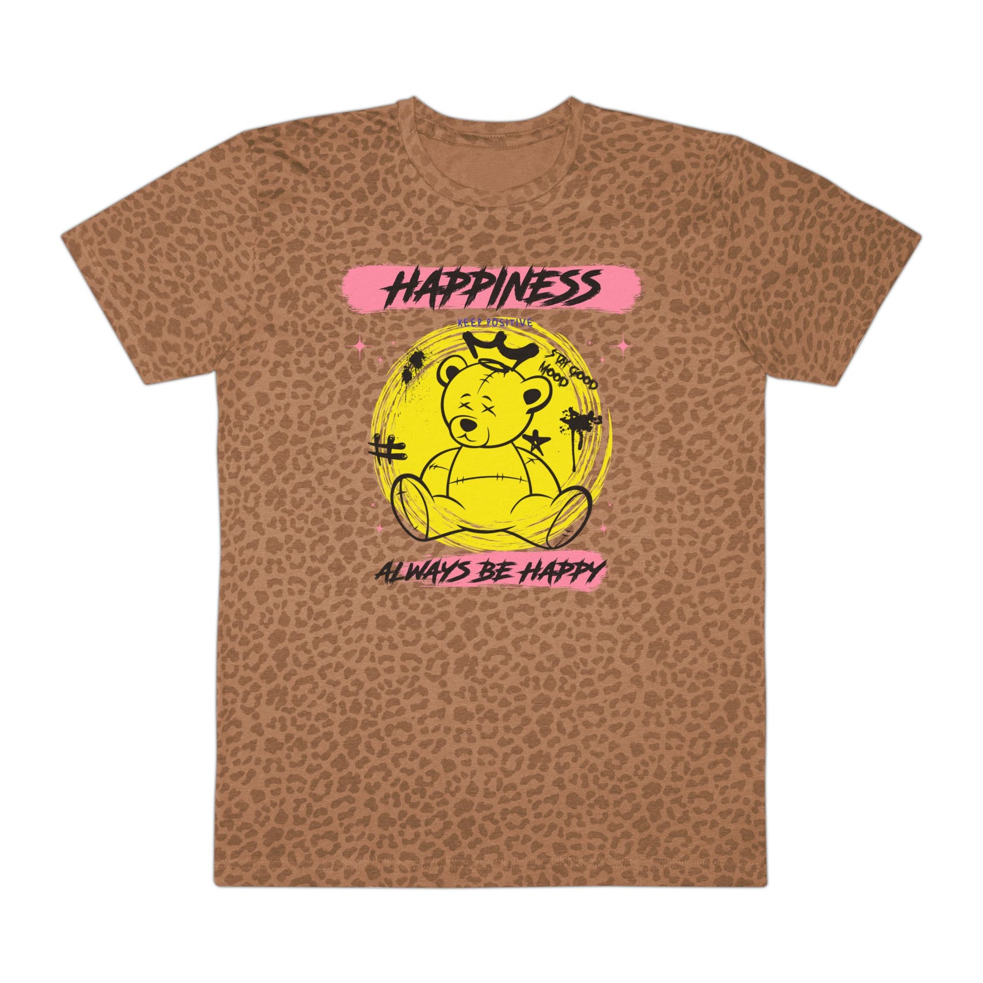 Leopard Print Happiness T-Shirt | Always Be Happy Tee | Trendy Graphic Tee, Casual Wear, Gift for Friends, Positive Vibes Brown Leopard