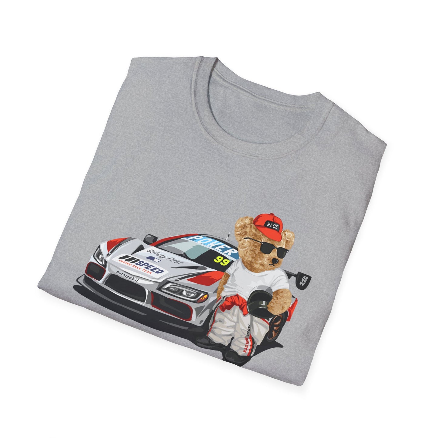 Racing Bear Unisex T-Shirt, Cute Animal Apparel, Car Lovers Gift, Fun Racing Shirt, Gift for Him/Her