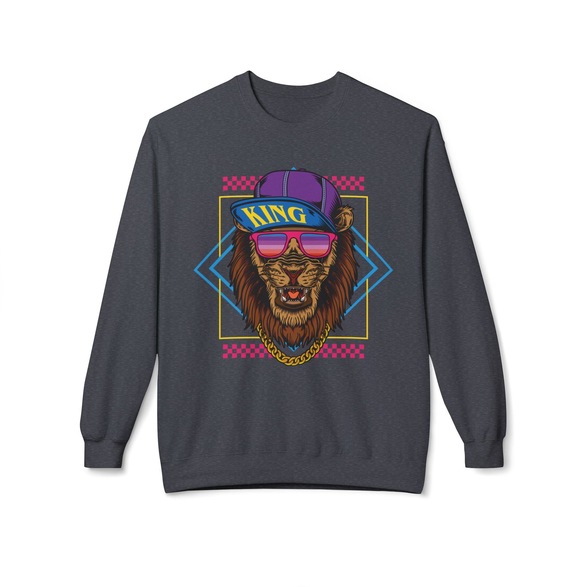 King Lion Graphic Crewneck Sweatshirt, Cozy Streetwear, Unisex Gift, Funny Animal Sweatshirt, Retro Style Apparel, Perfect for Any Occasion Dark Heather