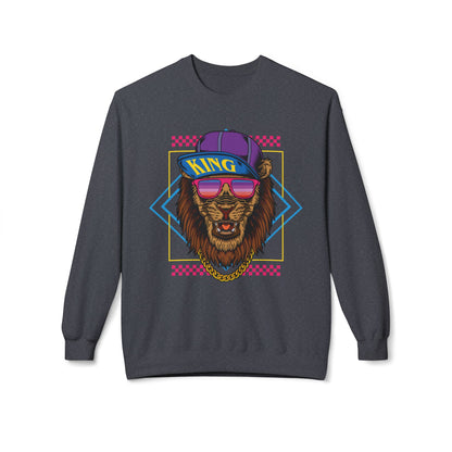 King Lion Graphic Crewneck Sweatshirt, Cozy Streetwear, Unisex Gift, Funny Animal Sweatshirt, Retro Style Apparel, Perfect for Any Occasion Dark Heather