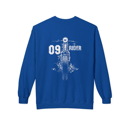 Retro Unisex Fleece Crew Sweatshirt - 09 Rider Design, Cozy Apparel, Gift for Bikers, Streetwear, Festival Wear, Everyday Comfort