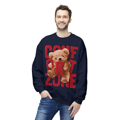 Comfort Zone Teddy Bear Crewneck Sweatshirt, Cozy Black Sweatshirt, Unisex Gift, Cute Sweatshirt for Winter, Relaxation Apparel