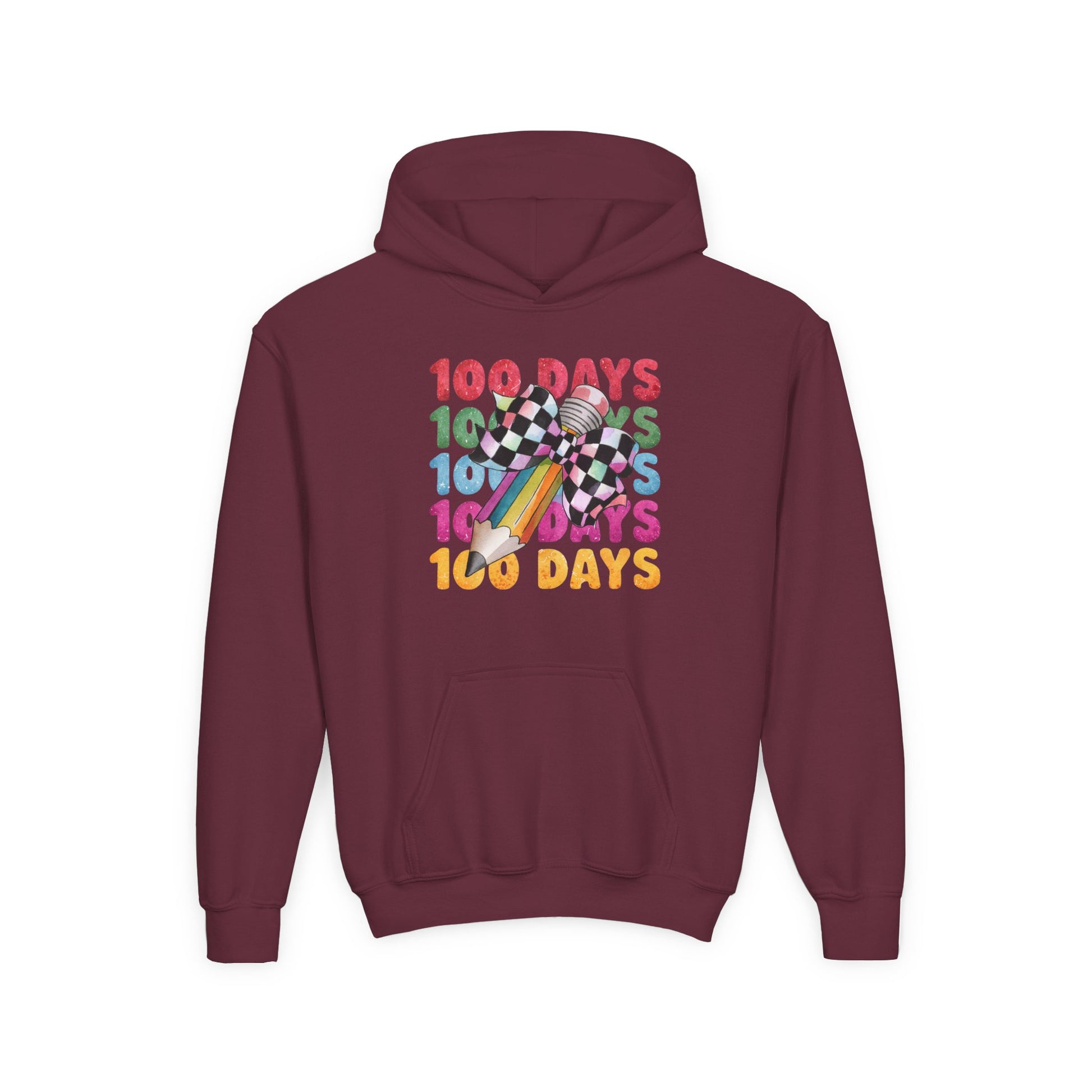 Colorful 100 Days Hoodie for Kids, Fun Sweatshirt for School Celebrations, Youth Fashion, Unique Gift for Students, Cozy Everyday Wear Maroon