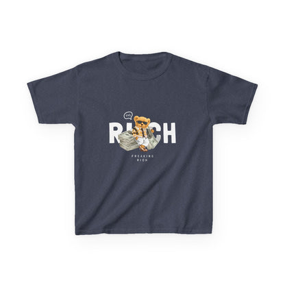 Kids Graphic Tee featuring Cute Rich Cat Design, Fun Gift for Kids, Birthday Present, Cotton T-Shirt for Casual Wear, Animal Lover Apparel Heather Navy