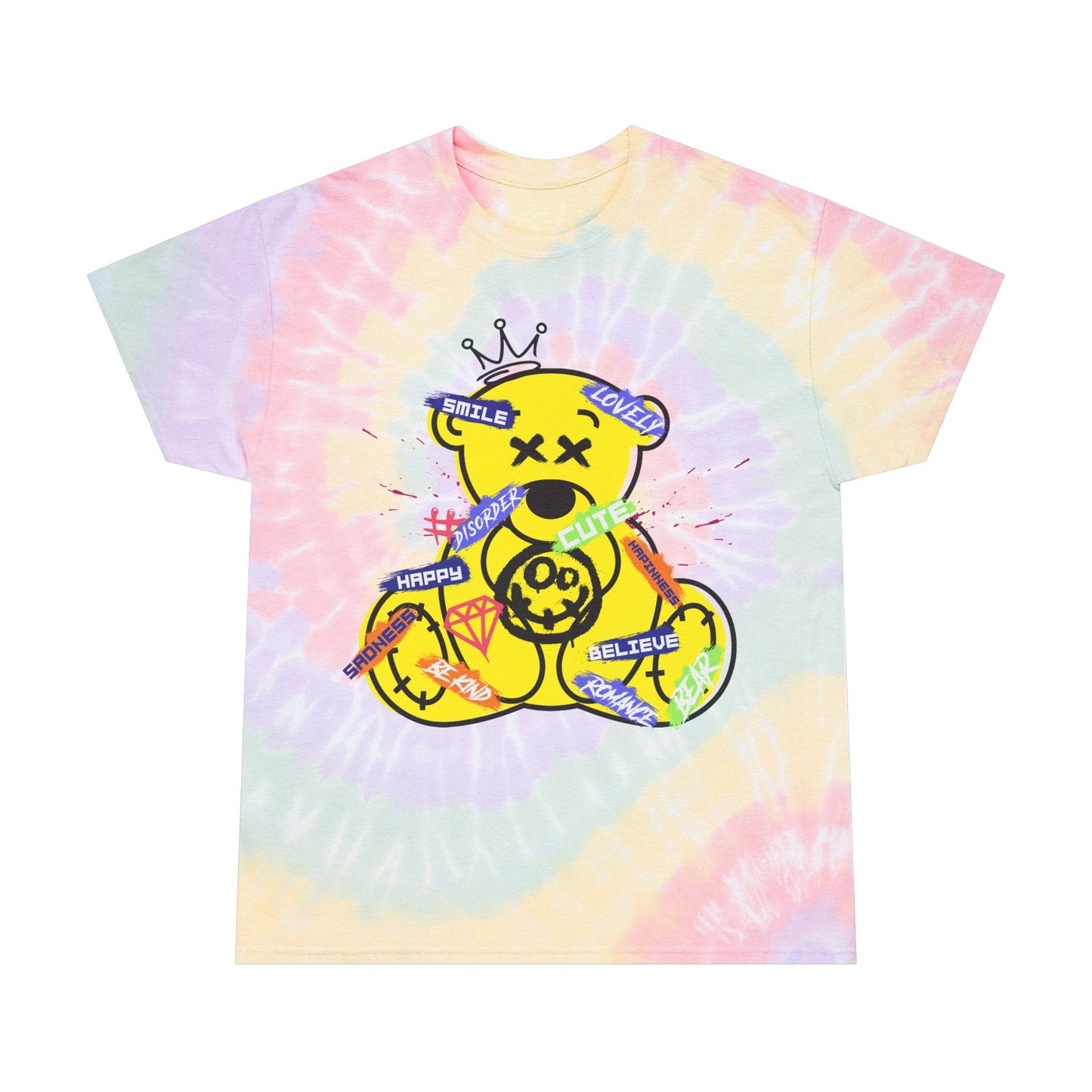 Unisex Emotional Collage Tie Dye T-Shirt – Streetwear Graphic Tee with "#Disorder" Teddy Bear – Soft Cotton Artistic Style