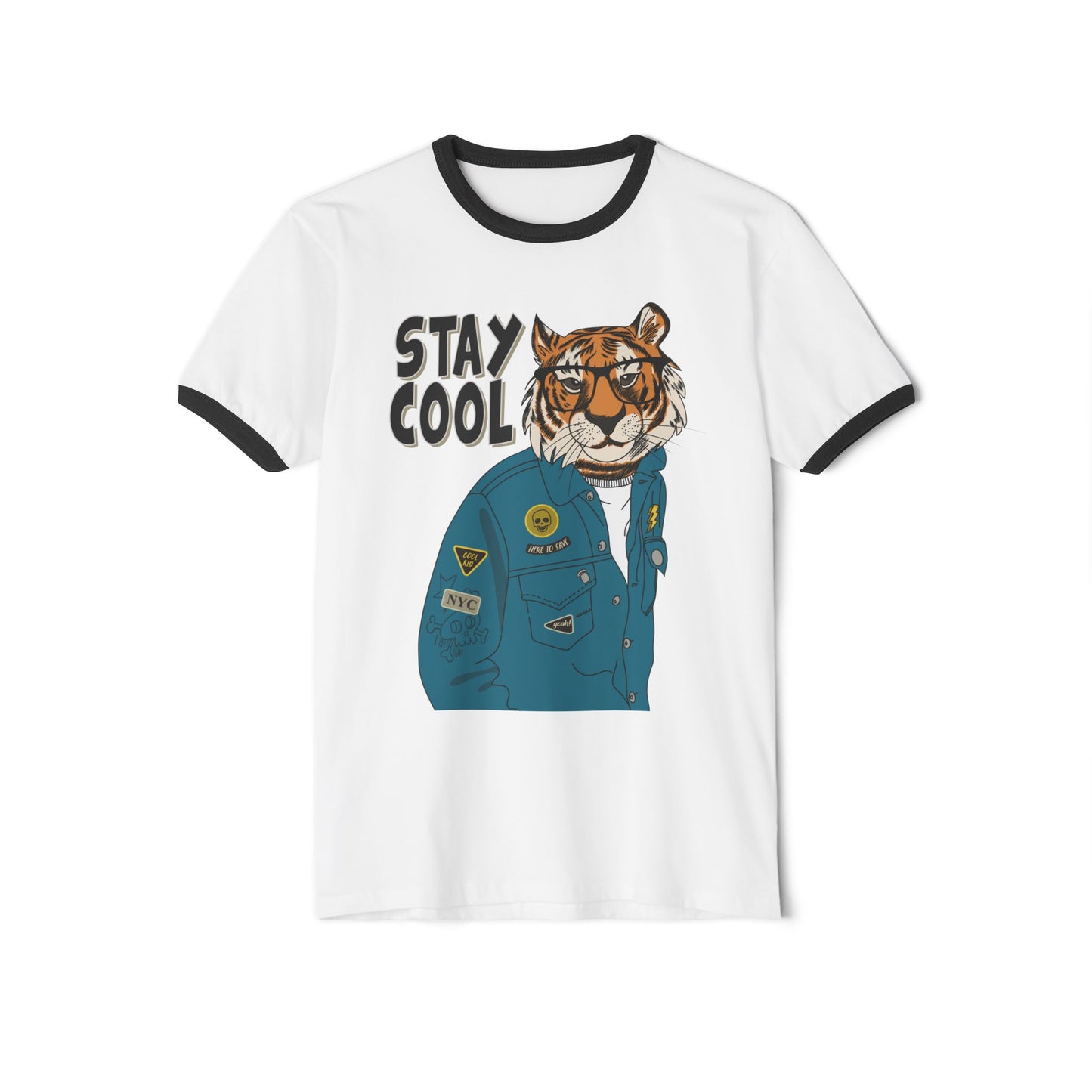 Stay Cool Tiger Ringer T-Shirt, Unisex Vintage Tee, Casual Gift, Animal Lover Apparel, Summer Fashion, Fun Graphic Shirt White Black