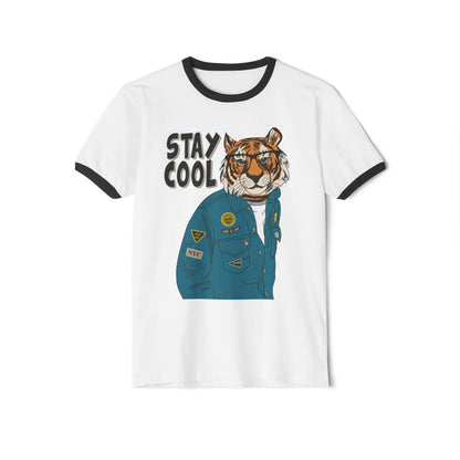 Stay Cool Tiger Ringer T-Shirt, Unisex Vintage Tee, Casual Gift, Animal Lover Apparel, Summer Fashion, Fun Graphic Shirt White Black
