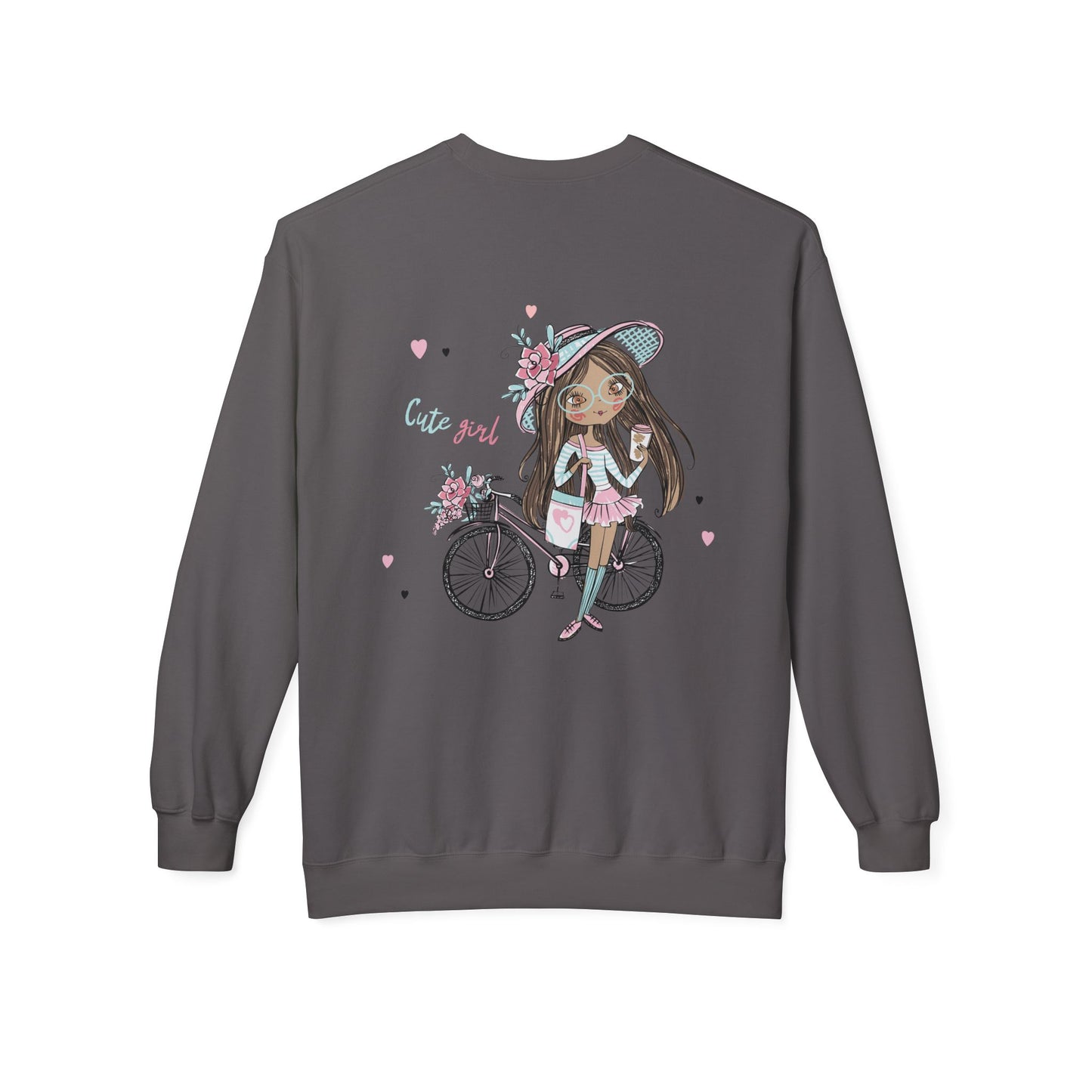 Cute Girl on Bicycle Sweatshirt, Cozy Fleece Crewneck, Spring Fashion, Gift for Her, Casual Sweatshirt, Cartoon Design