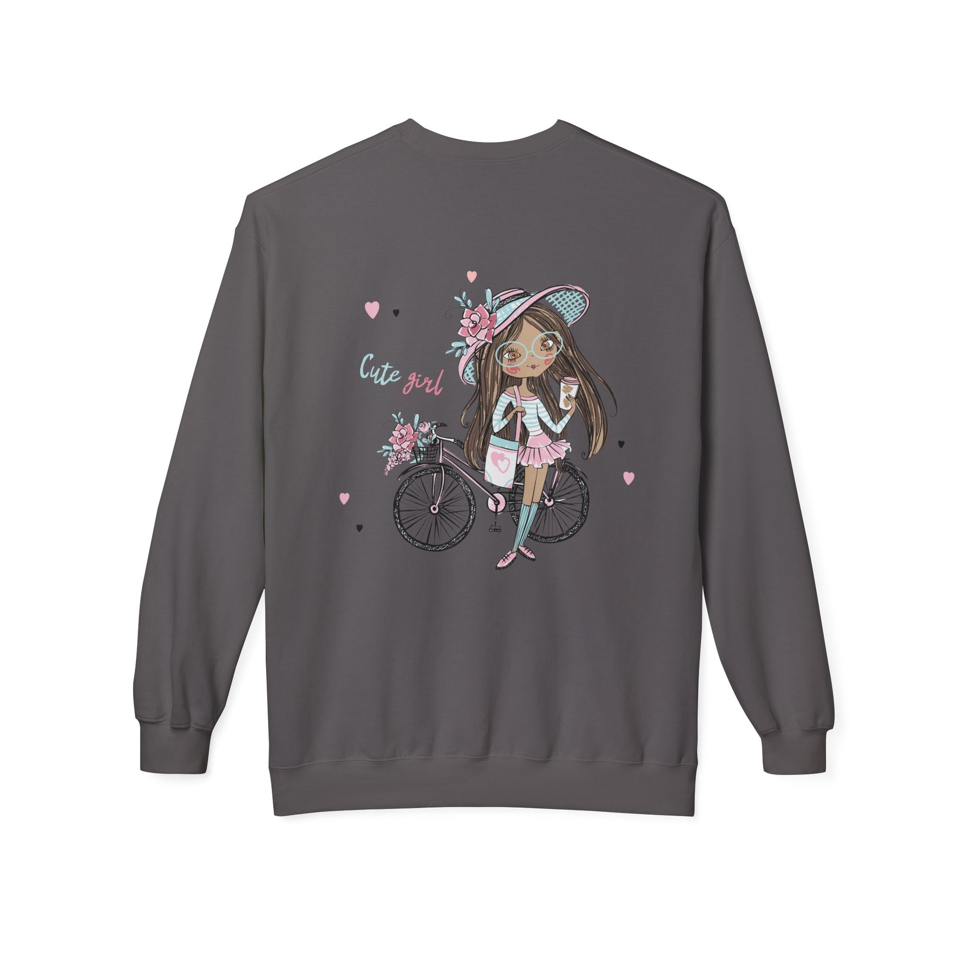 Cute Girl on Bicycle Sweatshirt, Cozy Fleece Crewneck, Spring Fashion, Gift for Her, Casual Sweatshirt, Cartoon Design