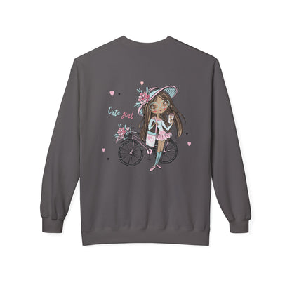 Cute Girl on Bicycle Sweatshirt, Cozy Fleece Crewneck, Spring Fashion, Gift for Her, Casual Sweatshirt, Cartoon Design