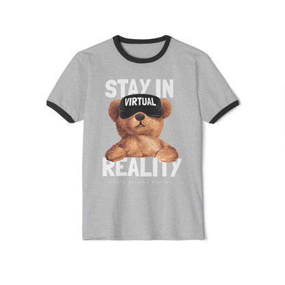 Unisex Virtual Reality Ringer T-Shirt - Stay in Reality, Cute Bear Graphic Tee for Casual Wear, Perfect Gift for Gamers, Birthday Heather Grey Black
