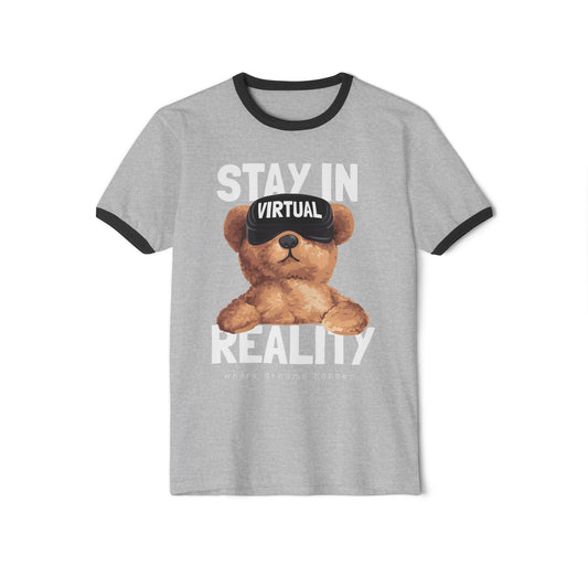 Unisex Virtual Reality Ringer T-Shirt - Stay in Reality, Cute Bear Graphic Tee for Casual Wear, Perfect Gift for Gamers, Birthday Heather Grey Black