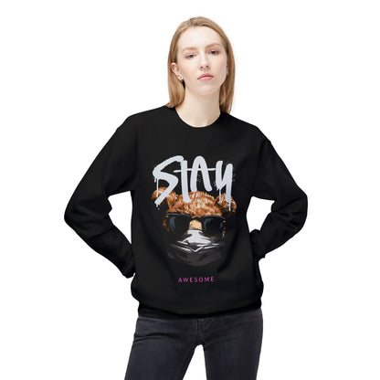 Stay Awesome Fleece Crewneck Sweatshirt for Cozy Vibes, Perfect Gift for Friends, Cute Casual Wear, Fun Retro Style, Ideal for Cold Days