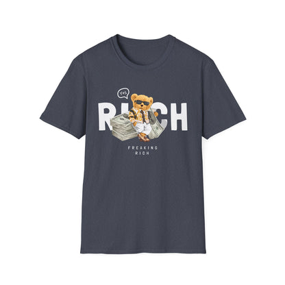 Freaking Rich T-Shirt, Unisex Softstyle Tee for Money Lovers, Fun Graphic Shirt for Birthdays, Gifts, Everyday Wear, Casual Attire Heather Navy