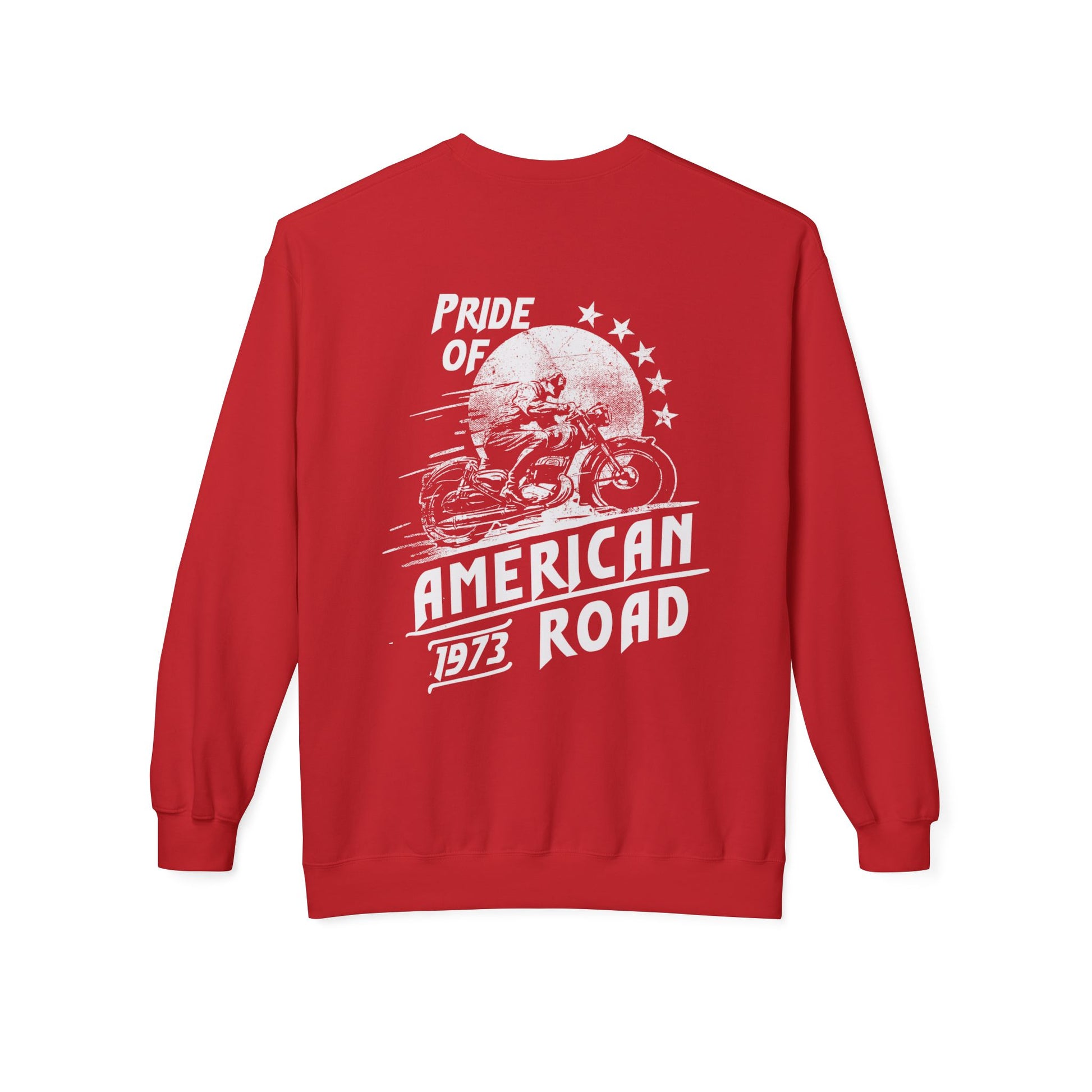 Pride of American Road Crewneck Sweatshirt, Cozy Unisex Fleece Top, Ideal Gift for Bikers, Road Trip Apparel, 1973 Vintage Style