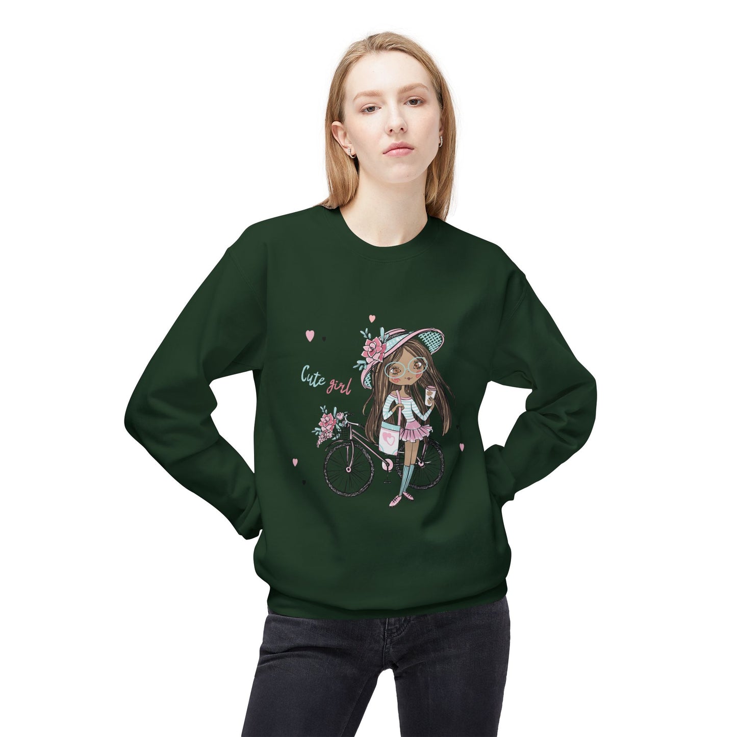 Cute Girl on Bicycle Sweatshirt, Cozy Fleece Crewneck, Spring Fashion, Gift for Her, Casual Sweatshirt, Cartoon Design