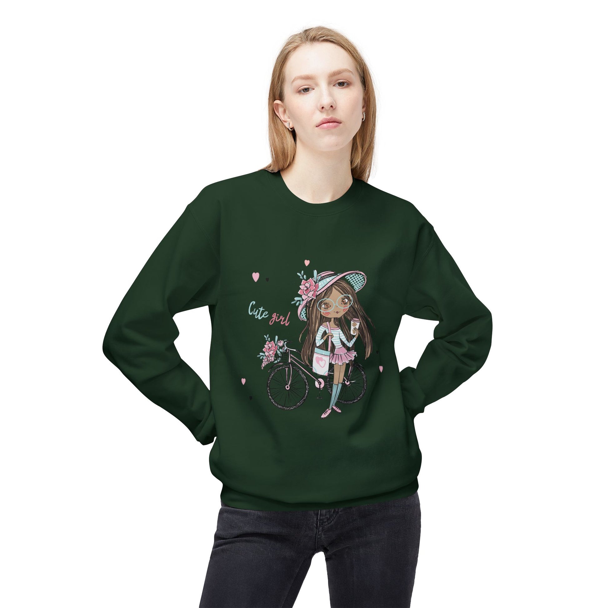 Cute Girl on Bicycle Sweatshirt, Cozy Fleece Crewneck, Spring Fashion, Gift for Her, Casual Sweatshirt, Cartoon Design