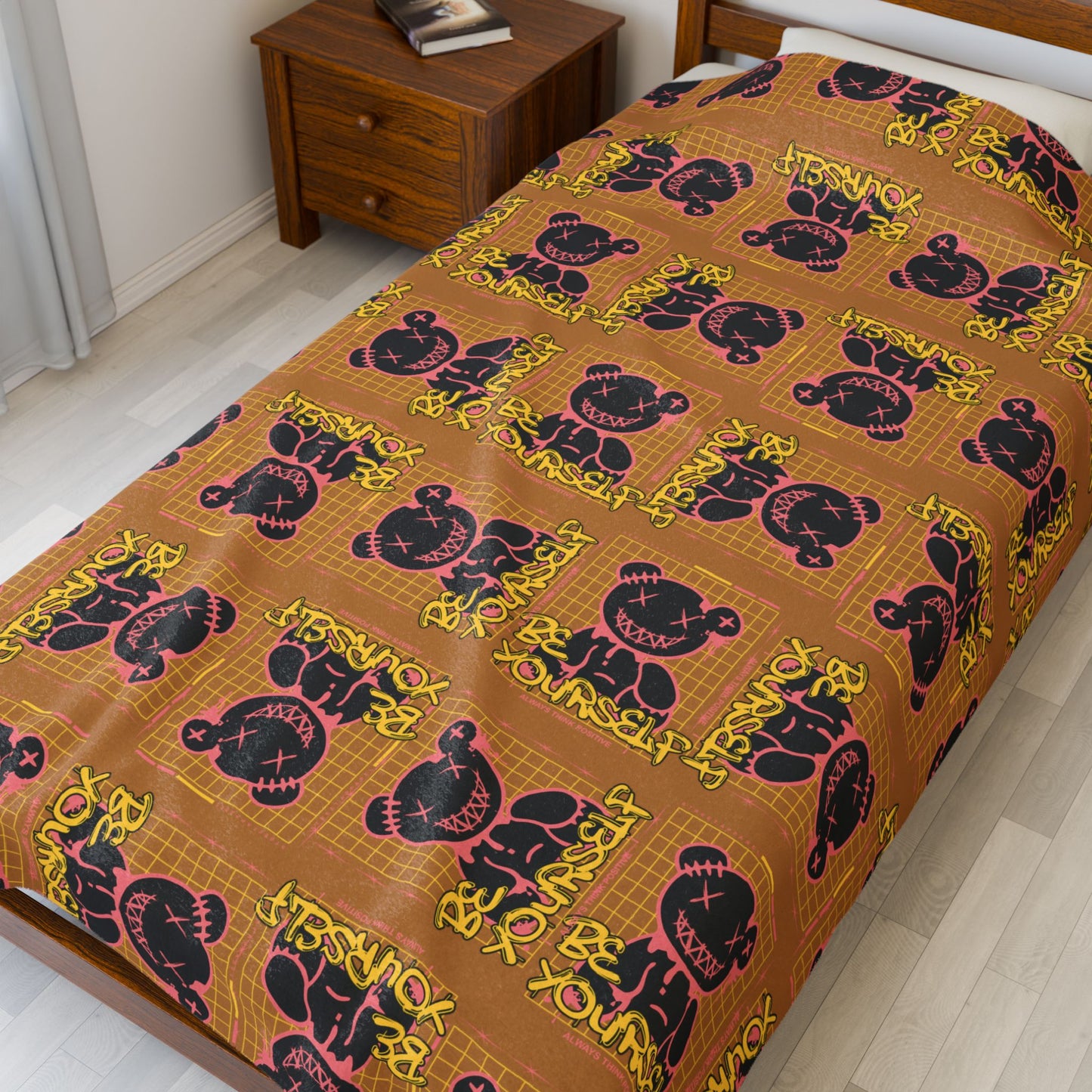 "Be Yourself" Edgy Bear Graphic Velveteen Plush Blanket – Brown Soft Throw for Streetwear Home Decor – Bold Statement 60" × 80"
