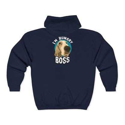 Hungry Boss Dog Hoodie, Funny Pet Lover Gift, Unisex Zip-Up Sweatshirt, Cute Animal Apparel, Ideal for Dog Owners, Cozy Layering
