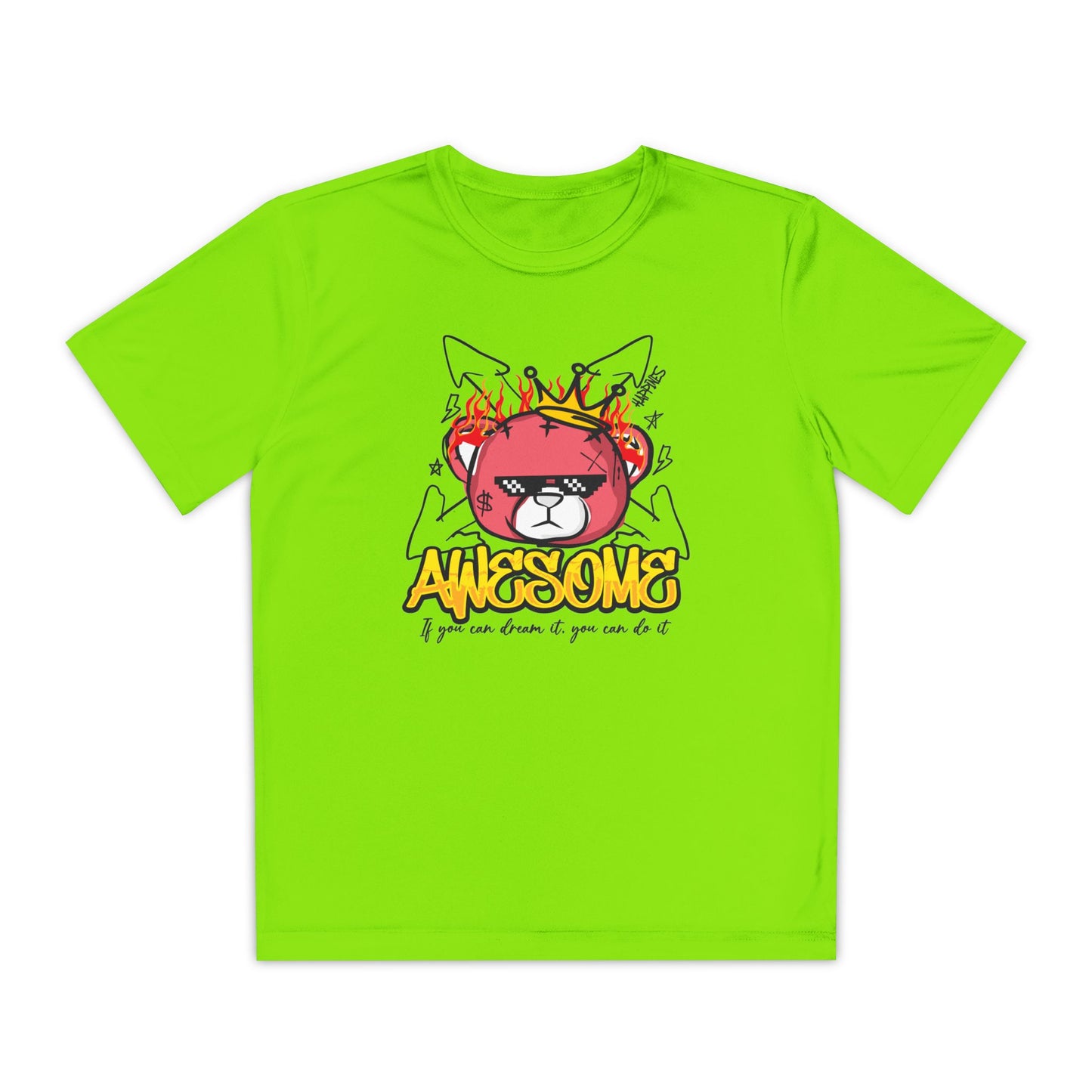 Awesome Youth Competitor Tee - Bear Fun Sports Shirt, Great for Birthdays, Competitions, Summer Camps, and Everyday Adventures Lime Shock