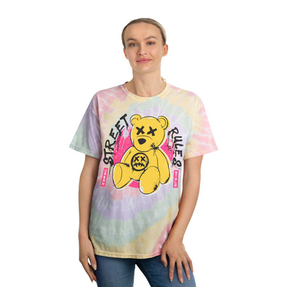 Unisex "Street Rules" Tie Dye T-Shirt – Urban Graffiti Style Graphic Tee with Yellow Teddy Bear – Soft Cotton Streetwear Hazy Rainbow