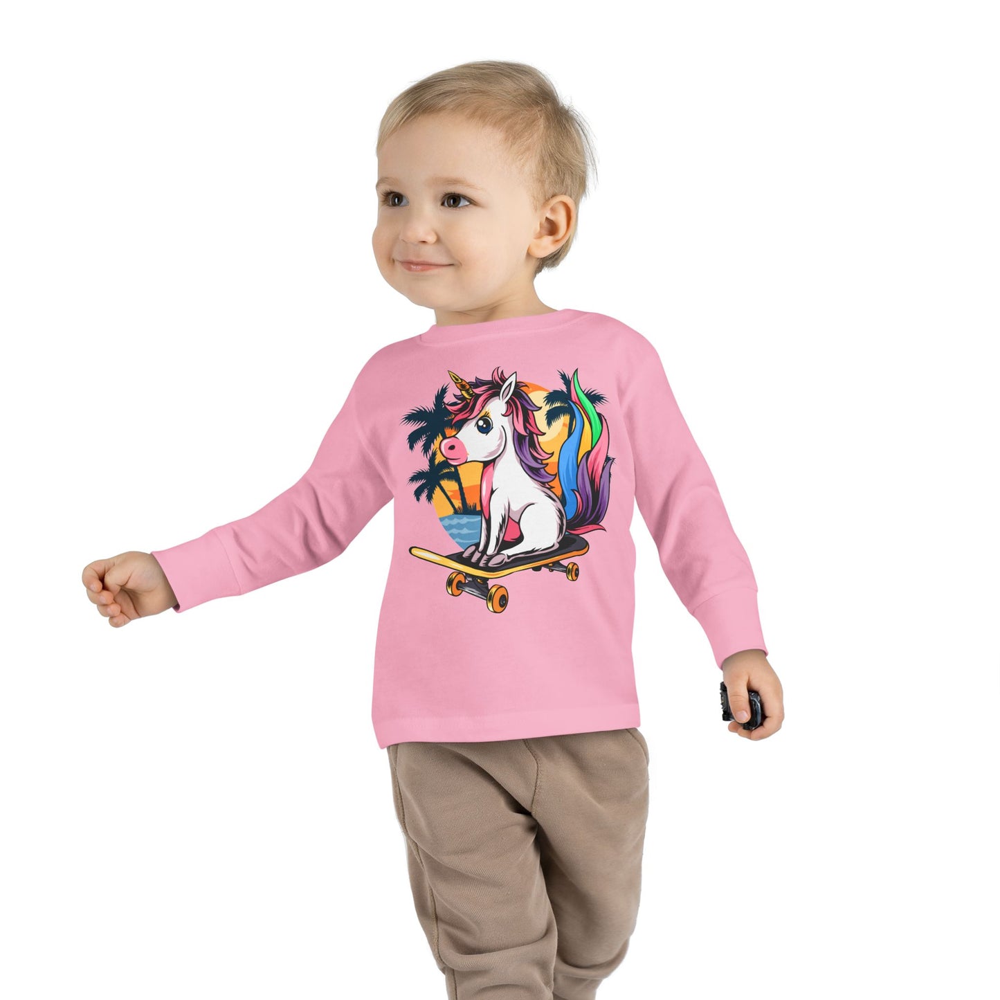 Skateboarding Unicorn Toddler Long Sleeve Tee, Cute Kids Shirt, Unicorn Lover Gift, Playful Toddler Outfit, Birthday Gift
