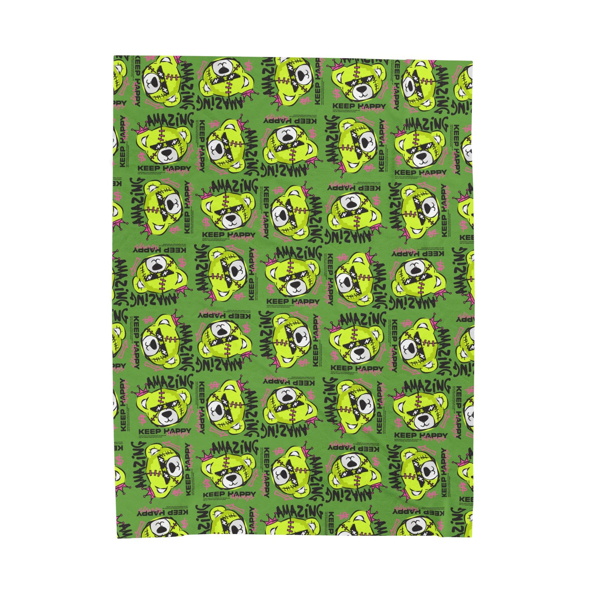 "Amazing" Green Bear Graphic Velveteen Plush Blanket – Soft Throw with "Keep Happy" Quote – Urban Streetwear Home Decor