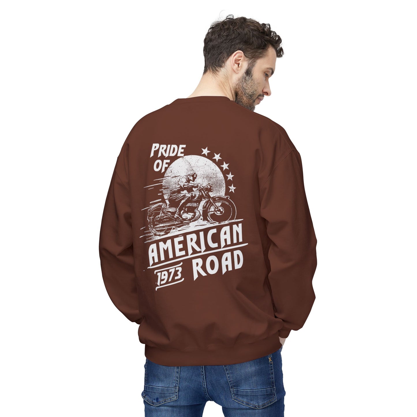 Pride of American Road Crewneck Sweatshirt, Cozy Unisex Fleece Top, Ideal Gift for Bikers, Road Trip Apparel, 1973 Vintage Style