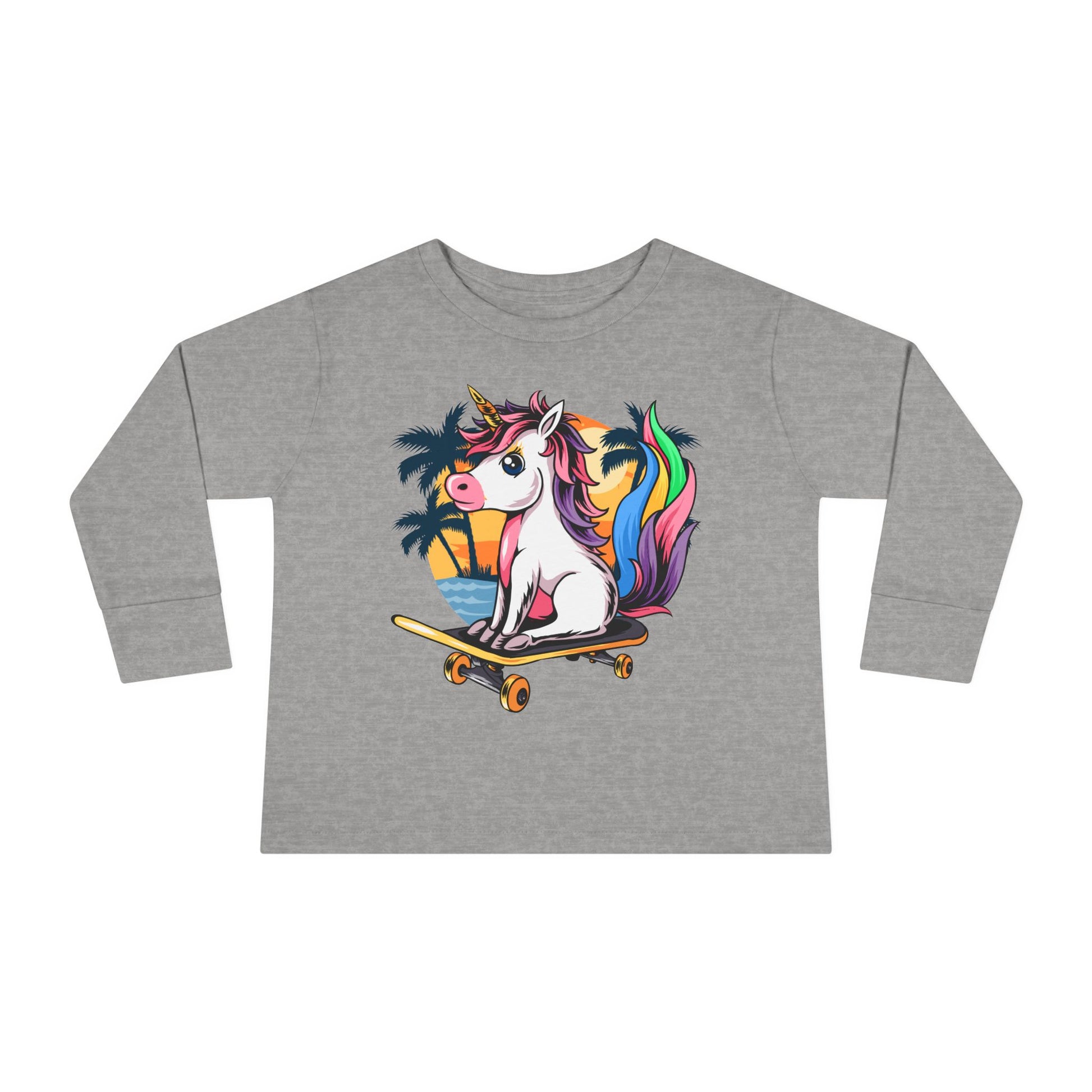 Skateboarding Unicorn Toddler Long Sleeve Tee, Cute Kids Shirt, Unicorn Lover Gift, Playful Toddler Outfit, Birthday Gift Heather