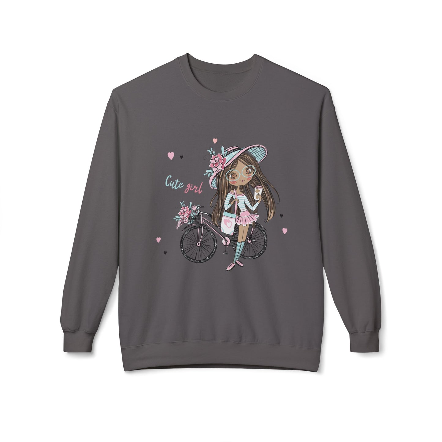 Cute Girl on Bicycle Sweatshirt, Cozy Fleece Crewneck, Spring Fashion, Gift for Her, Casual Sweatshirt, Cartoon Design Charcoal