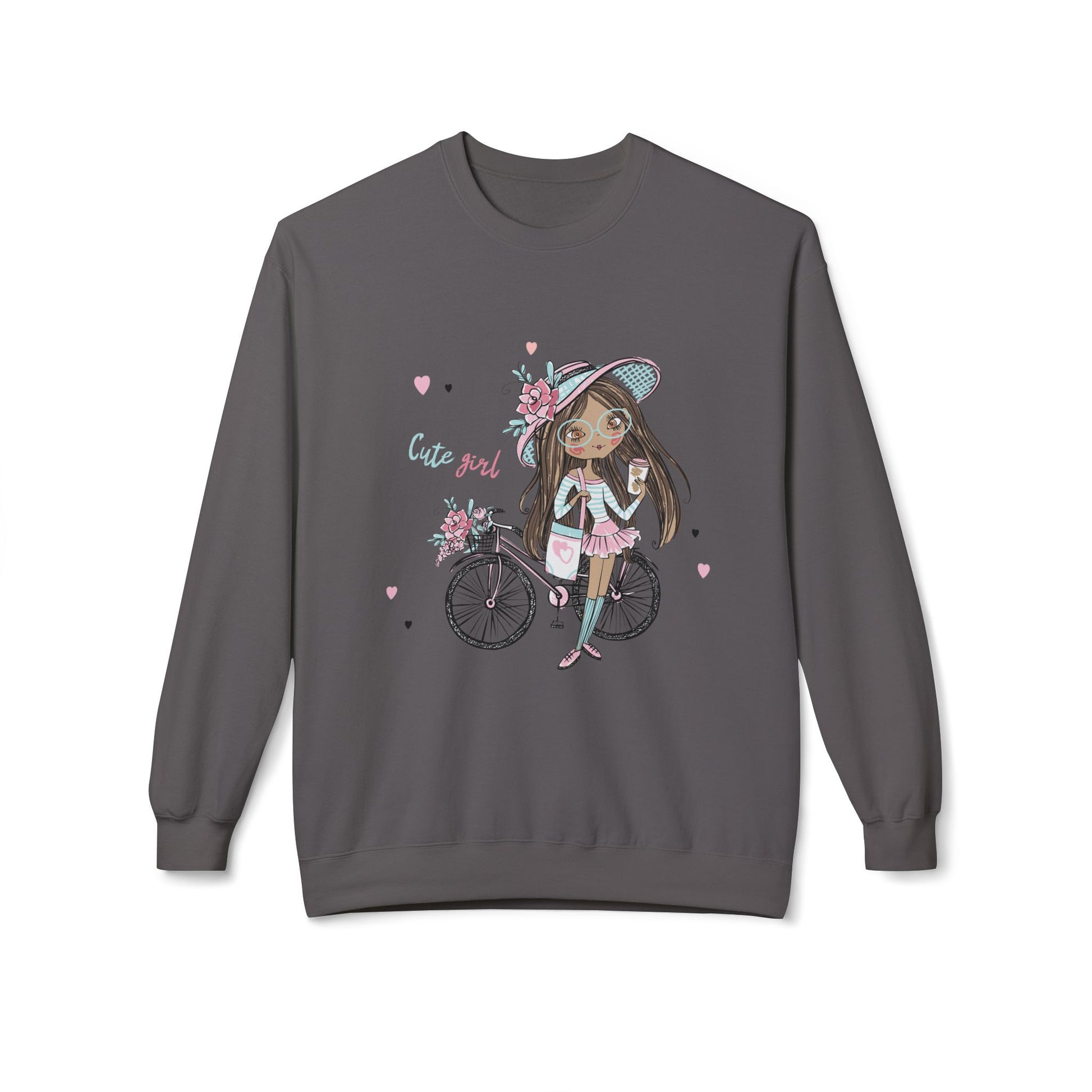 Cute Girl on Bicycle Sweatshirt, Cozy Fleece Crewneck, Spring Fashion, Gift for Her, Casual Sweatshirt, Cartoon Design Charcoal