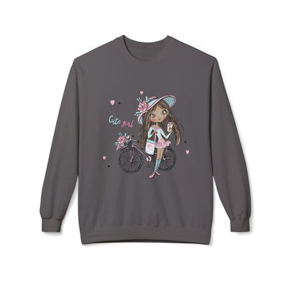 Cute Girl on Bicycle Sweatshirt, Cozy Fleece Crewneck, Spring Fashion, Gift for Her, Casual Sweatshirt, Cartoon Design Charcoal
