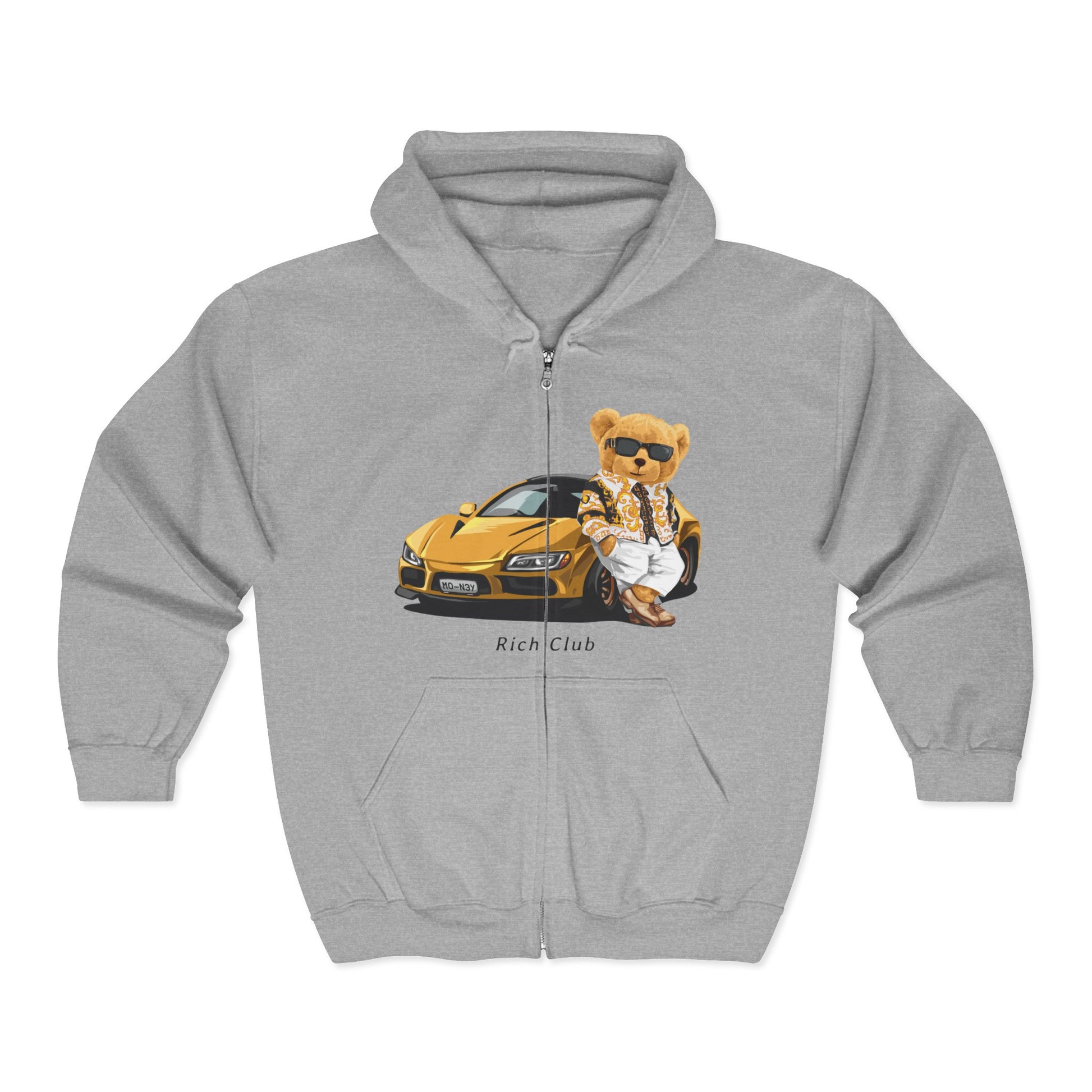 Cool Bear in Car Hoodie, Unisex Zip Sweatshirt, Streetwear, Gift for Car Lovers, Trendy Fashion, Unique Graphic Hoodie Sport Grey