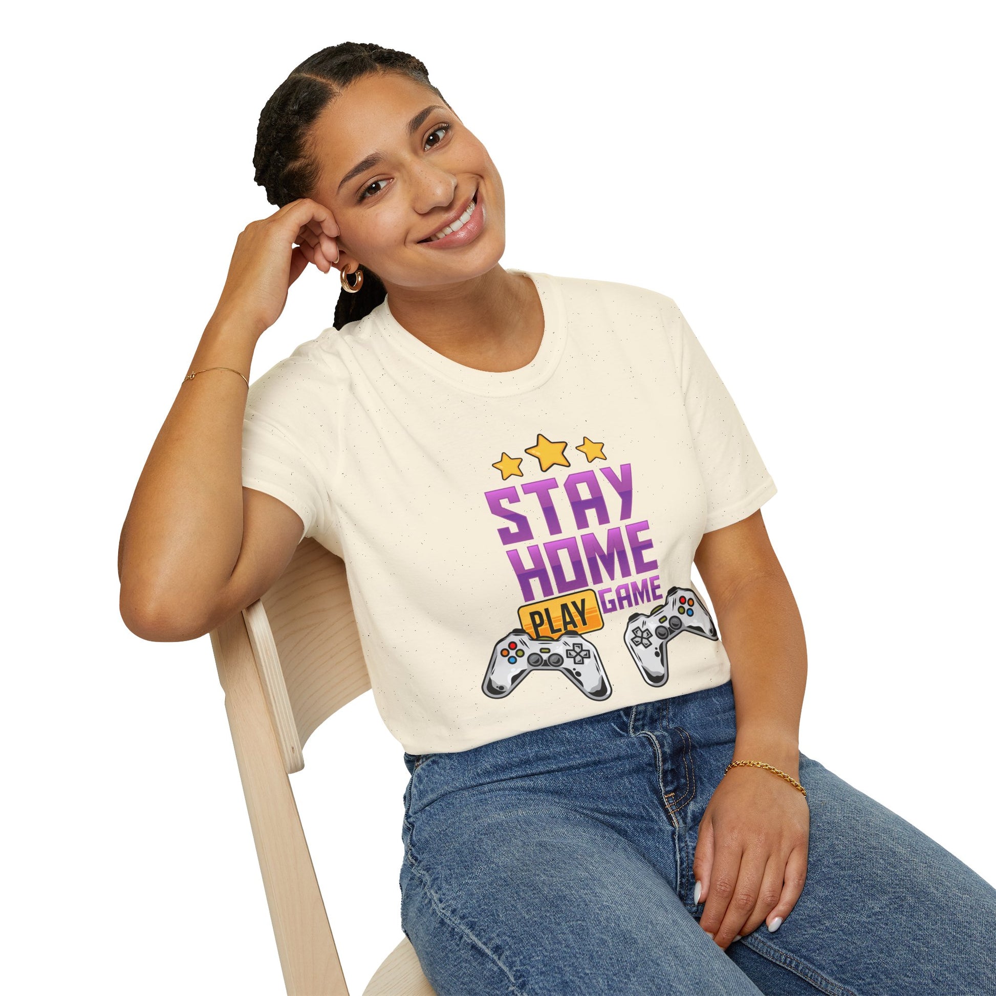 Stay Home Play Game Unisex Softstyle T-Shirt, Gamer Gift, Video Game Tee, Casual Wear, Birthday Present, Gaming Apparel