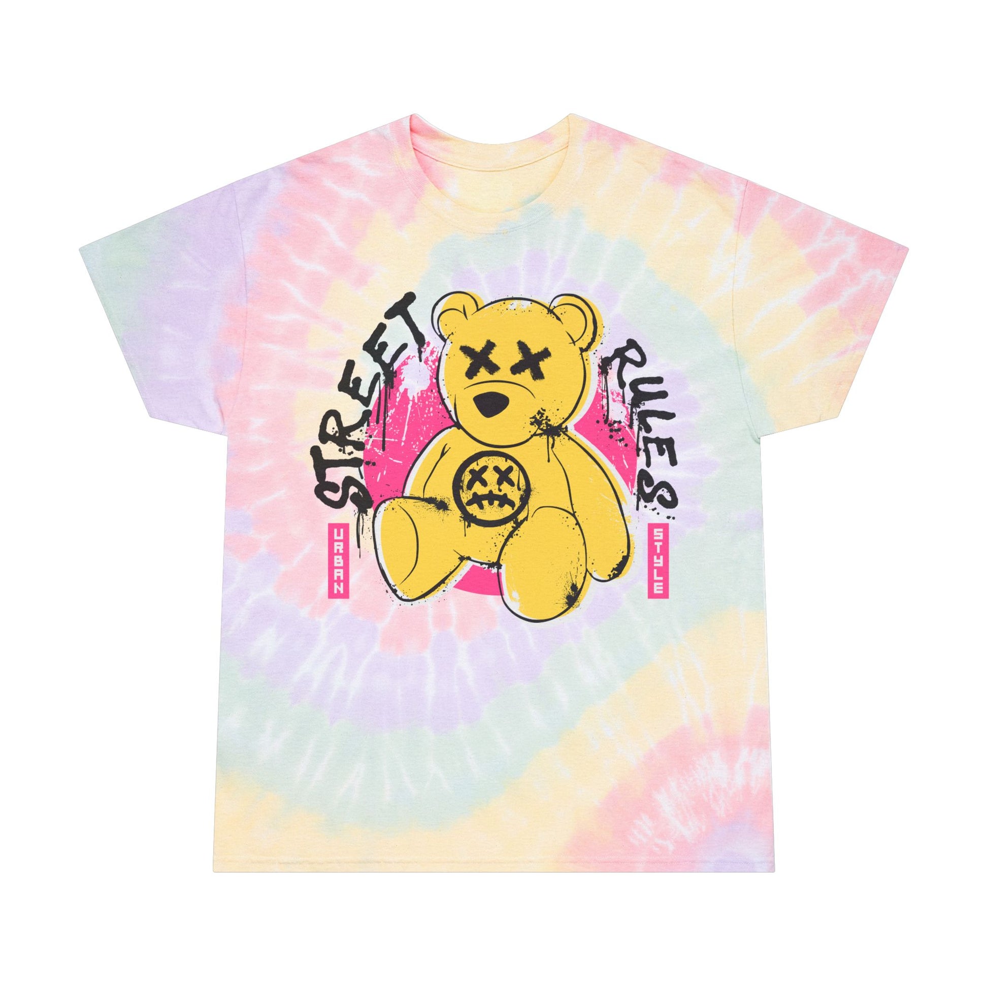 Unisex "Street Rules" Tie Dye T-Shirt – Urban Graffiti Style Graphic Tee with Yellow Teddy Bear – Soft Cotton Streetwear