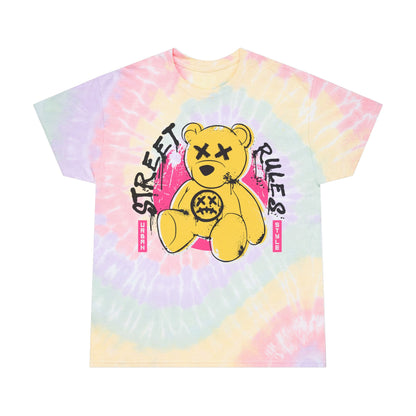 Unisex "Street Rules" Tie Dye T-Shirt – Urban Graffiti Style Graphic Tee with Yellow Teddy Bear – Soft Cotton Streetwear