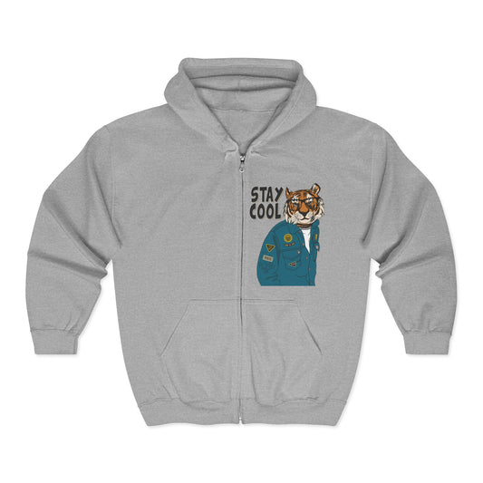 Trendy Graphic Hoodie - Stay Cool Tiger Zip Sweatshirt, Animal Lover Gift, Casual Streetwear, Cozy Layering Piece, Unique Fashion Statement Sport Grey