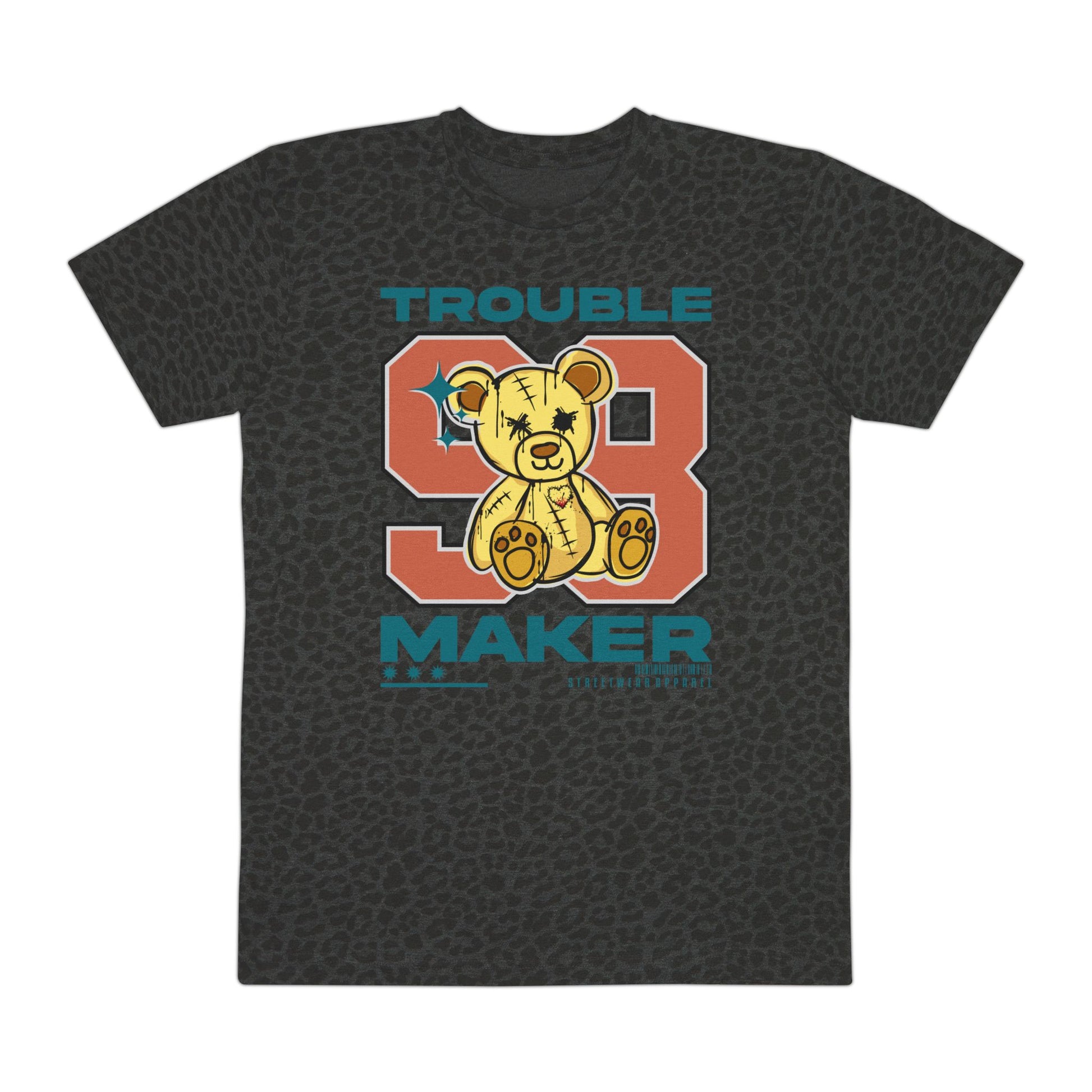 "Trouble Maker" Leopard Print Men's Fine Jersey Tee - Casual T-Shirt for Teens, Unique Gift, Streetwear, Graphic Tee, Fun Summer Style Black Leopard