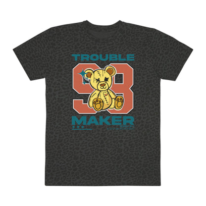 "Trouble Maker" Leopard Print Men's Fine Jersey Tee - Casual T-Shirt for Teens, Unique Gift, Streetwear, Graphic Tee, Fun Summer Style Black Leopard