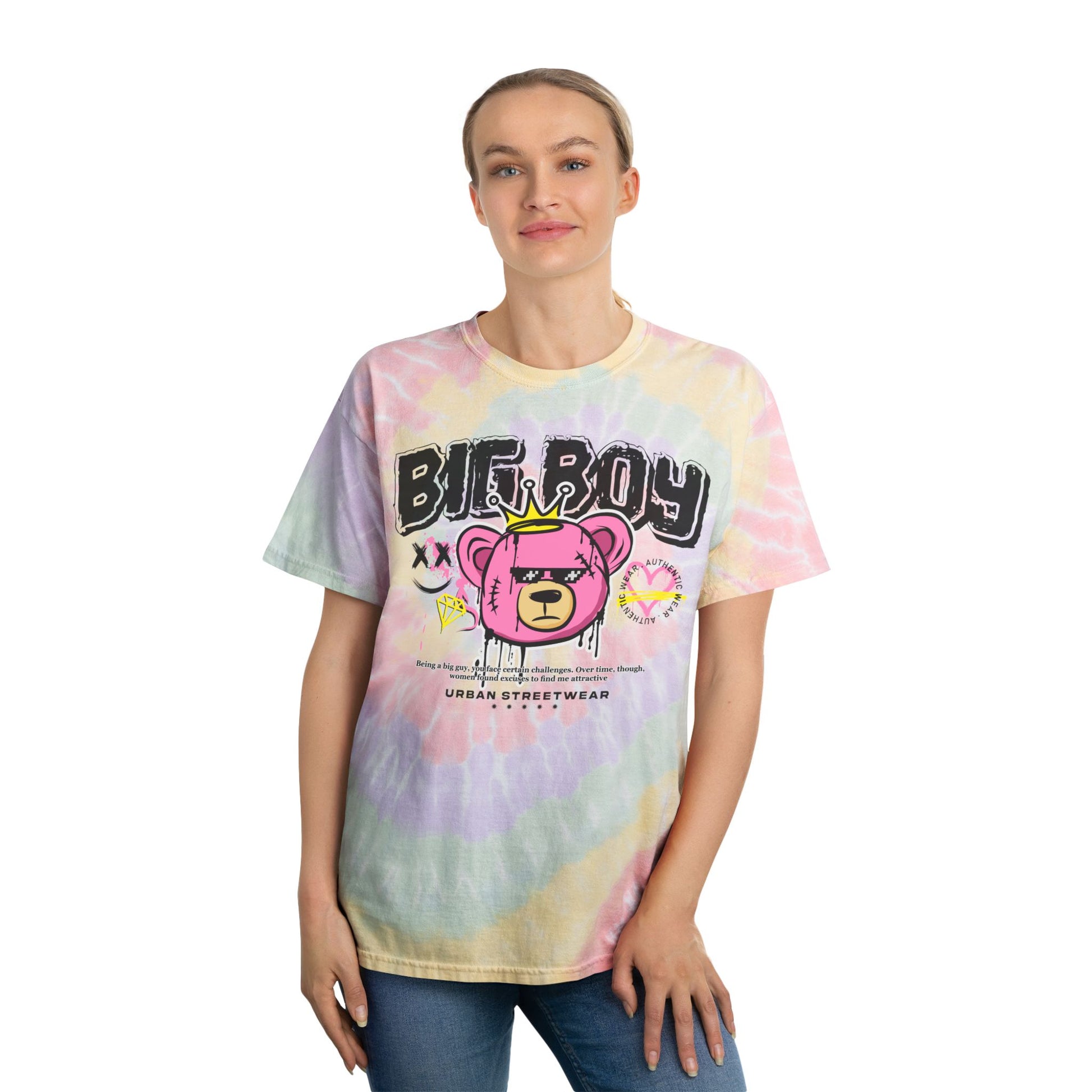 Men's "Big Boy" Tie Dye T-Shirt – Urban Streetwear Graphic Tee with Pink Bear in Crown – Soft Cotton Pastel Shirt for Casual Wear