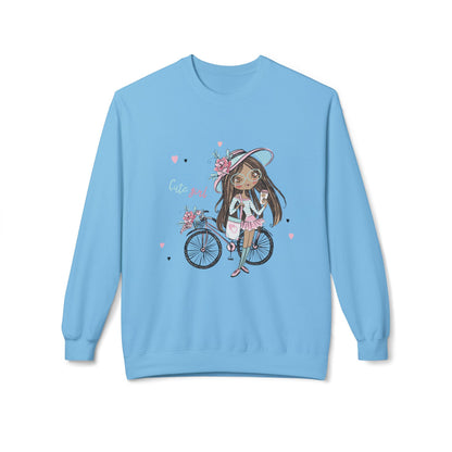 Cute Girl on Bicycle Sweatshirt, Cozy Fleece Crewneck, Spring Fashion, Gift for Her, Casual Sweatshirt, Cartoon Design Sky
