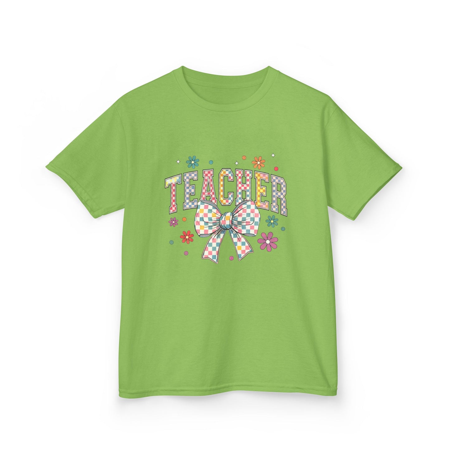 Teacher Kids Tee with Colorful Bow Design, Perfect for Back to School, Teacher Appreciation, Birthday Gift, Fun Classroom Wear Lime