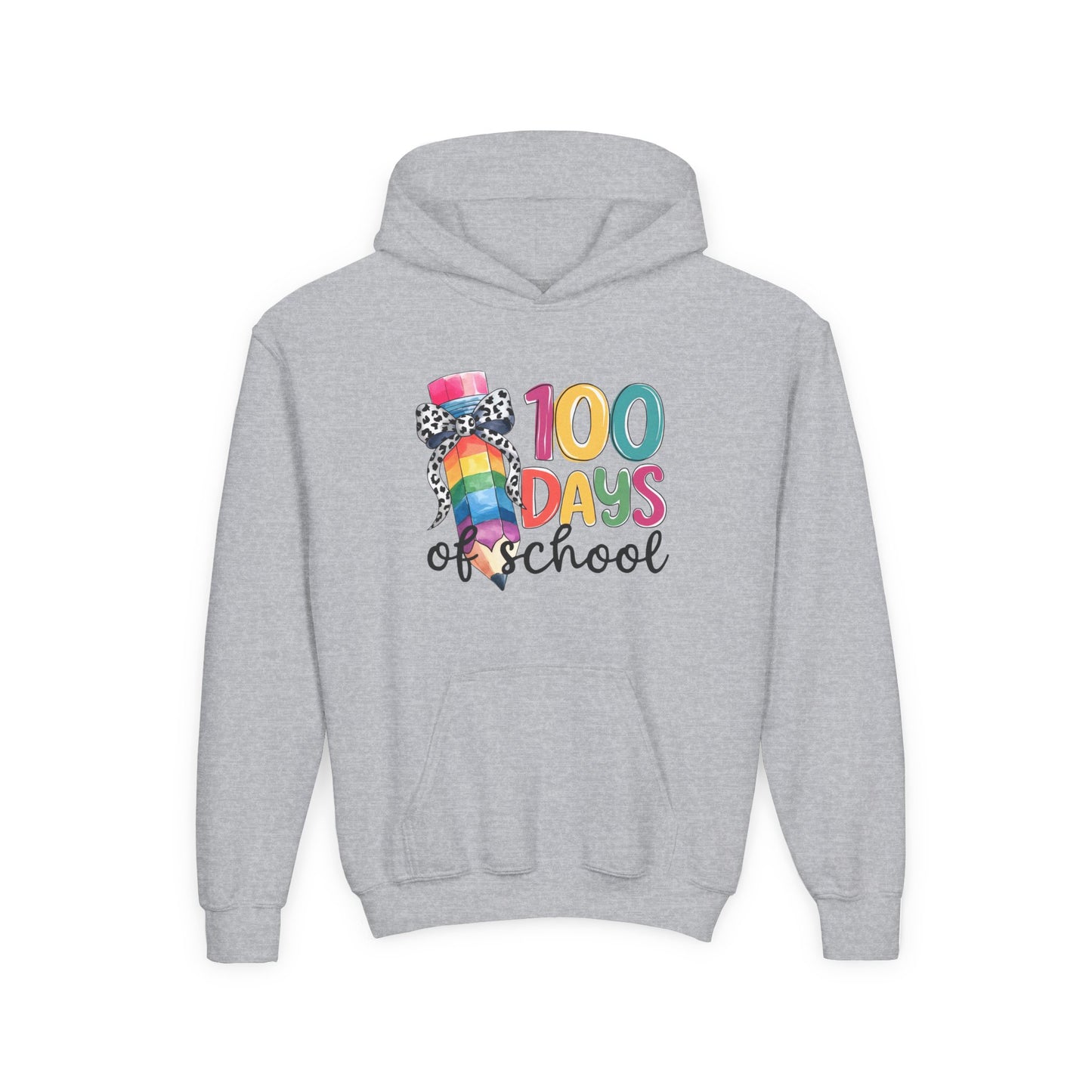 Colorful 100 Days of School Youth Hoodie, Fun School Celebration Sweatshirt, Back-to-School Gift, Kids Fashion, Classroom Style Sport Grey