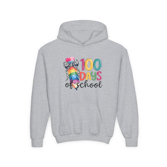 Colorful 100 Days of School Youth Hoodie, Fun School Celebration Sweatshirt, Back-to-School Gift, Kids Fashion, Classroom Style Sport Grey